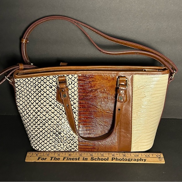 Brahmin Mini Asher Satchel Brown Sahara Cream Leather Croc Embossed Shoulder Bag - Picture 13 of 16